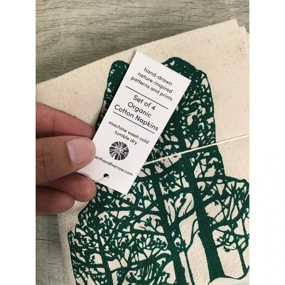 Hearth & Harrow Pine Tree Forest Maine Green Organic Cotton Napkins Set of 4 NEW